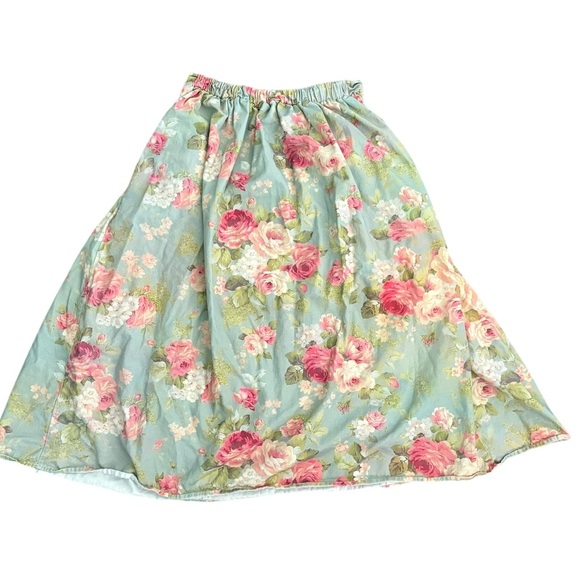 Floral A-Line Midi Skirt in Blue with Pink Rose Print Handmade Pockets - Picture 3 of 3